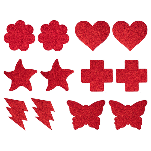 Glitter Collection  6 Pairs of Disposable Red Glitter Assorted Shape Breast Petals Nipple Cover Pasties