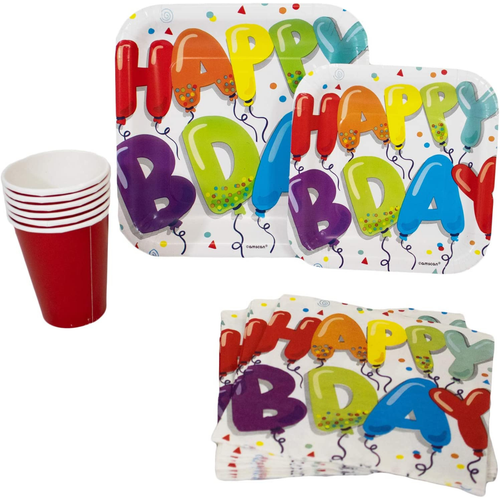 Colorful Happy Birthday Pack! Disposable Paper Plates, Napkins and Cups Set for 18