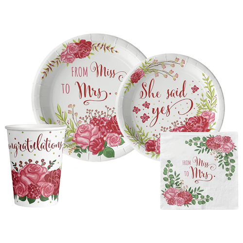 Bridal: From Miss to Mrs (Traditional Rose) Tableware Pack: Disposable Paper Plates, Napkins and Cups Set for 20