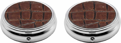 Set of 2 Circular Triple-Compartment Pocket Purse Pill Box & Organizer With Insert (Brown Faux Leather)