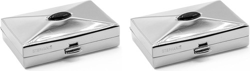 Set of 2 Rectangular-Shaped Pocket Purse Pill Box & Organizer With Dual Compartments (Silver Black Gemstone)