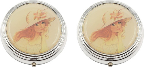 Set of 2 Circular Triple-Compartment Pocket Purse Pill Box & Organizer With Insert (Victorian Hat)