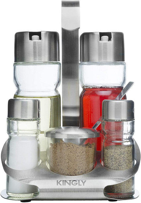 Oil and Vinegar Salt & Pepper Cruet Set (6 Piece) Durable Glass Stainless Steel Bottle Set With Caddy