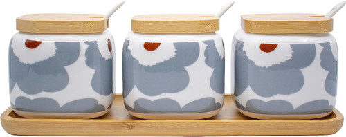 Set of 3 Printed White Ceramic Condiment Spice Jars With Spoons and Bamboo Lids and Tray (Abstract Floral)