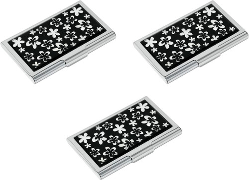 Set of 3 Slim & Minimalist Metal Business Card Holder Unisex Case With Insert (Black & Silver Daisies)