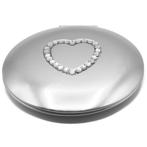 Silver Round Magnified 1:3X Compact Double-Sided Mirror With Rhinestone Heart-Center