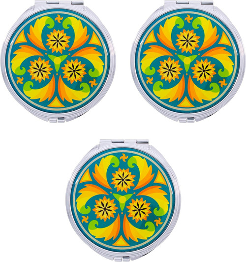 Set of 3 Round-Shaped Double Sided Compact Slim Mirrors With Printed Insert