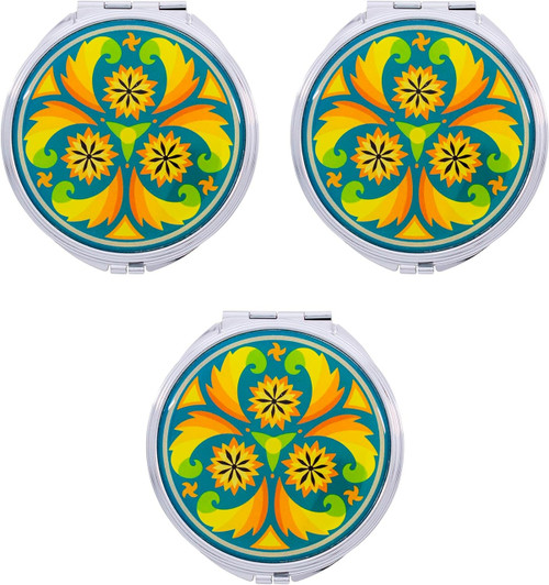 Set of 3 Round-Shaped Double Sided Compact Slim Mirrors With Printed Insert (Psychedelic Turquoise)