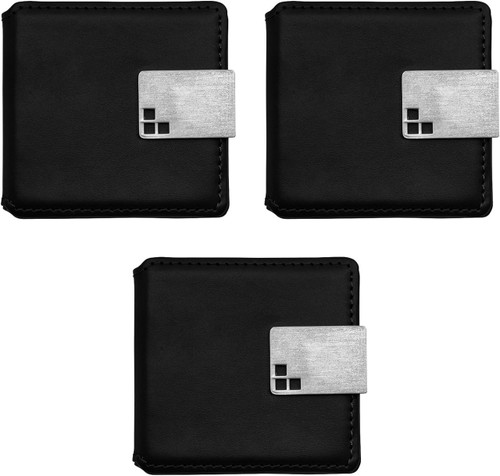 Set of 3 Square Faux Leather Wrapped Compact Mirror & Photo Holder (Black)