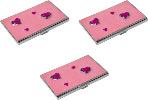Set of 3 Slim & Minimalist Metal Business Card Holder Unisex Case With Enamel Insert (Hearts)