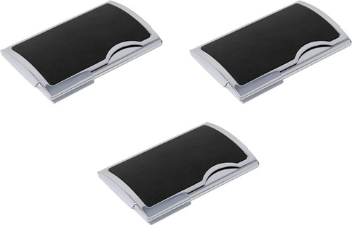 Set of 3 Slim Metal Business Card Holder Unisex Case With Leatherette Insert (Smooth Black Curve)
