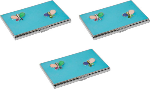 Set of 3 Slim & Minimalist Metal Business Card Holder Unisex Case With Enamel Insert (Abstract Butterfly)