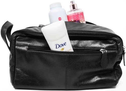 Genuine Cowhide Black Leather Unisex Toiletry Bag Travel Organizer Dopp Kit