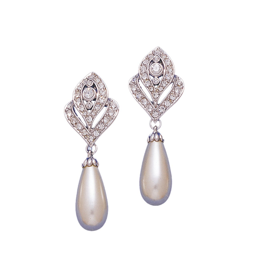 R POST PEARL DROP 18KT Two Tone Plated Earrings with Hand Set Swarovski Crystals