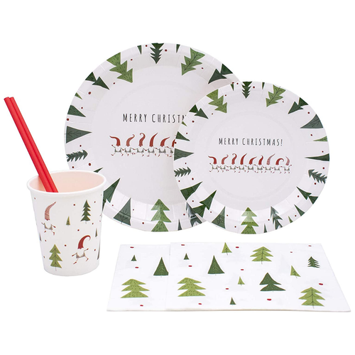 White Christmas Pack! Disposable Paper Plates, Napkins, Cups & Straws Set for 20