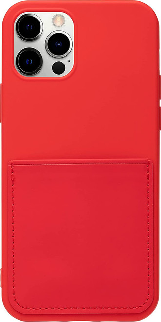 Red Felt Lined Silicone Phone Case with Stitched Front Pocket for iPhone 12 Pro Max + Tempered Glass Screen Protector