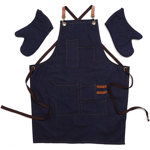 Unisex Kitchen Apron With Pockets & Oven Mitts (Blue Denim  Child)
