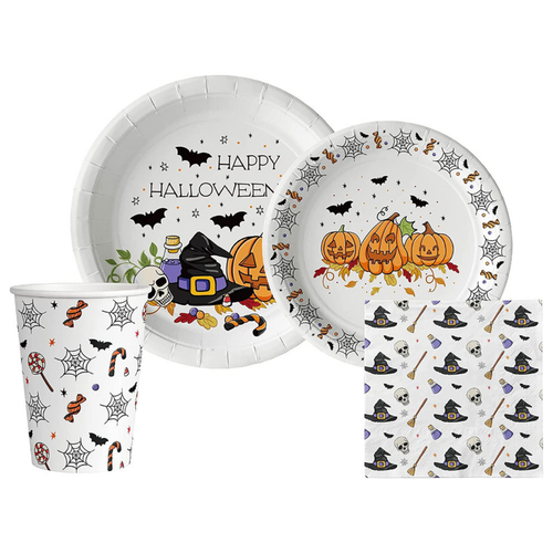 Halloween Fun Tableware Pack: Disposable Paper Plates, Napkins and Cups Set for 20