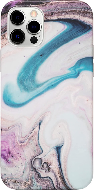 White & Blue Silicone Epoxy Resin Design Case for iPhone 12 & 12 Pro + Tempered Glass Screen Protector