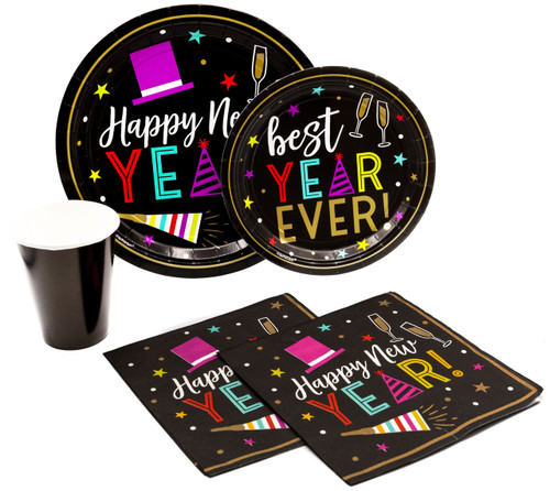 Bright New Year Pack! Disposable Paper Plates, Napkins and Cups Set for 15 (With free extras)  Includes dessert plates, dinner plates, napkins and cups