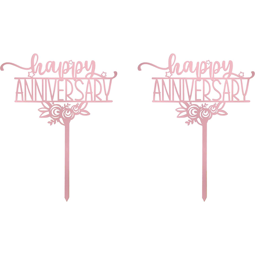 Happy Anniversary (Floral)  Love Themed Rose Gold Cake Topper for Proposal, Wedding, Bridal Shower or Anniversary Cake (Pack of 2)