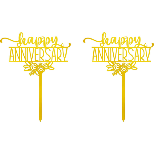 Happy Anniversary (Floral)  Love Themed Gold Cake Topper for Proposal, Wedding, Bridal Shower or Anniversary Cake (Pack of 2)