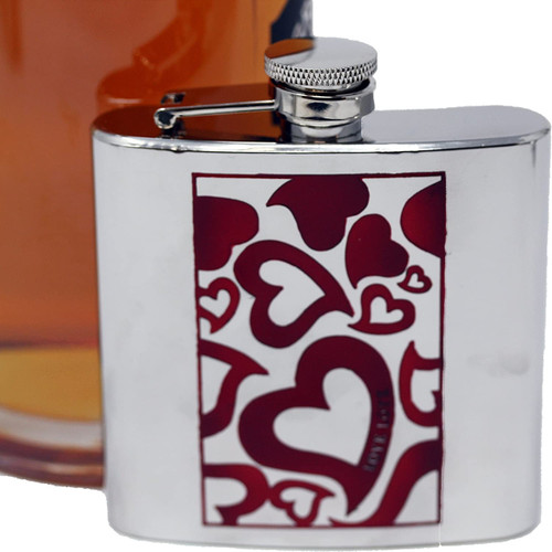 6 oz Pocket Hip Alcohol Liquor Flask in Etched Red Hearts Print  Made from 304 (18/8) Food Grade Stainless Steel