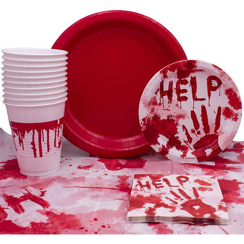 Halloween Bloody Hands Tableware Pack! Disposable Paper Plates, Napkins, Cups & Table Cover Set for 16