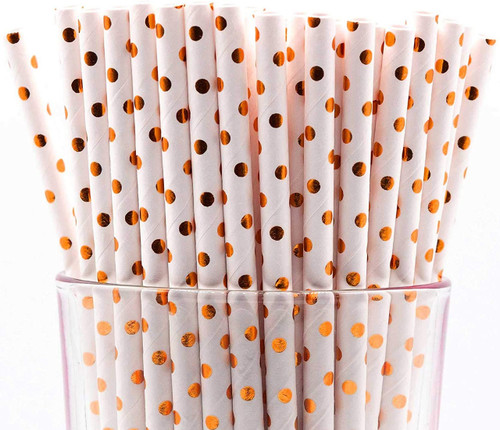 Pack of 150 Rose Gold Polka Dot Foil Biodegradable 4Ply Paper Drinking Straws (Compostable, Nontoxic, BPAfree)