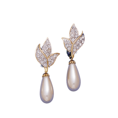 Two Tone CASTED EAR W/PEARL 18KT Plated Earrings with Hand Set Swarovski Crystals