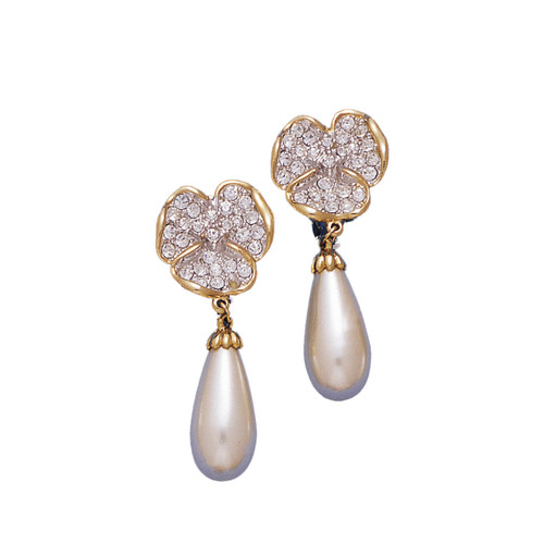 Casted EAR W/PEARL 18KT Two Tone Plated Earrings with Hand Set Swarovski Crystals-