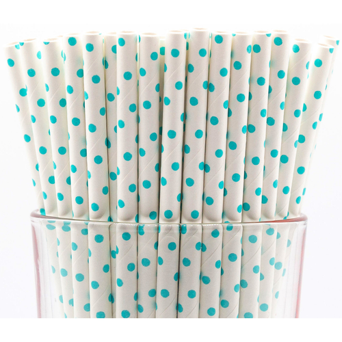 Pack of 150 Teal Blue Polka Dot Biodegradable 4Ply Paper Drinking Straws (Compostable, Nontoxic, BPAfree)