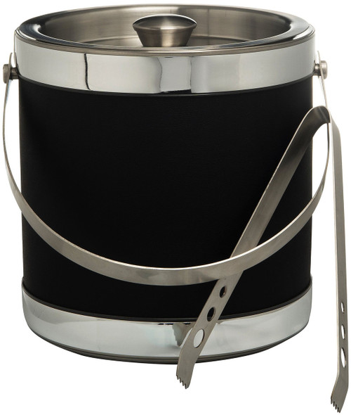 Hand Made In USA Black Wrap Double Walled 3Quart Insulated Ice Bucket With Ice Tongs (Leatherette Collection)