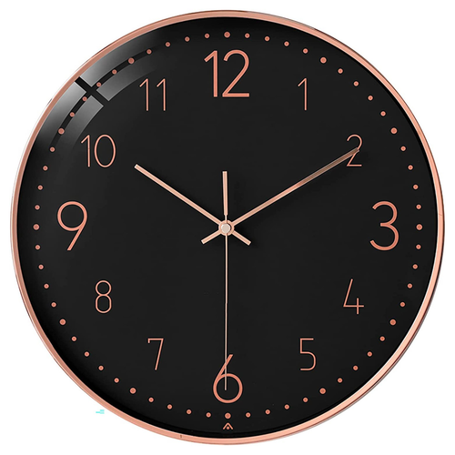 Modern Minimalist Rose Gold on Black Silent Wall Clock with Glass Top (Numerical Dial)