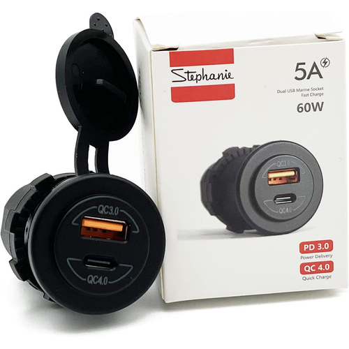 60W Socket Dual USB Type C PD 3.0 (60W) + USB A (36W) Fast Charger for Car, Boat, Marine & RVs