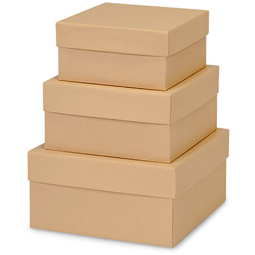 Made in USA Recycled Paper Kraft Boxes  6.25, 7.25 & 8.25  Nested Squared Boxes with Lids (Large Set of 3  Natural Kraft)