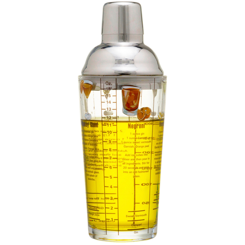 14 oz Recipe Glass Cocktail Shaker With Strainer Top  Includes 6 Cocktail Drink Recipes (Gin Theme)