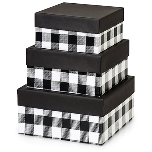 Made in USA Recycled Paper Kraft Boxes  3.25, 4.25 & 5.25  Nested Squared Boxes with Lids (Small Set of 3  Black Buffalo Plaid)
