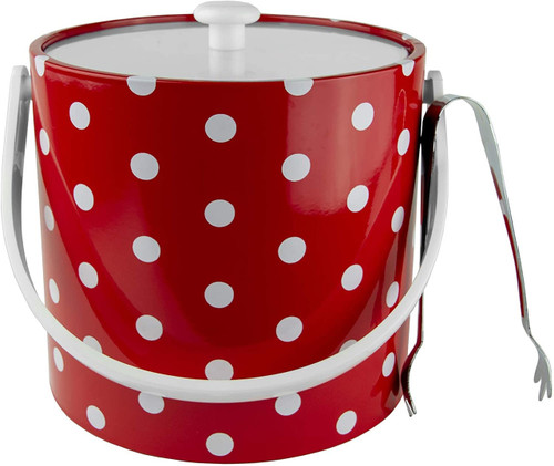 Hand Made In USA Red & White Double Walled 3Quart Insulated Ice Bucket With Ice Tongs (Polka Dot Collection)
