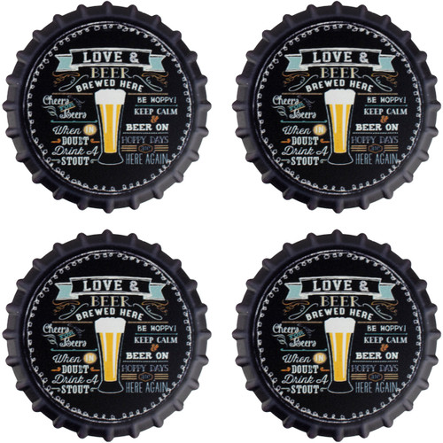 Love & Beer Brewed Here  Pack of 4 Moisture Absorbing Ceramic Coasters For Beer Lovers With Cork Base