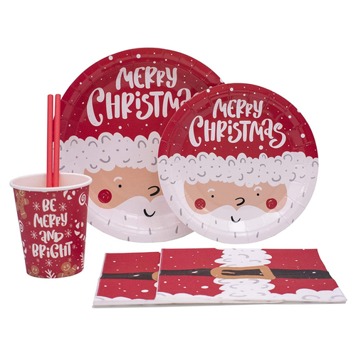 Red Christmas Pack! Disposable Paper Plates, Napkins, Cups & Straws Set for 20