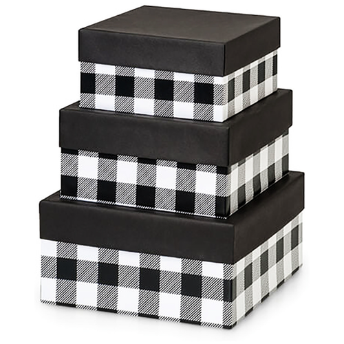 Made in USA Recycled Paper Kraft Boxes  6.25, 7.25 & 8.25  Nested Squared Boxes with Lids (Large Set of 3  Black Buffalo Plaid)