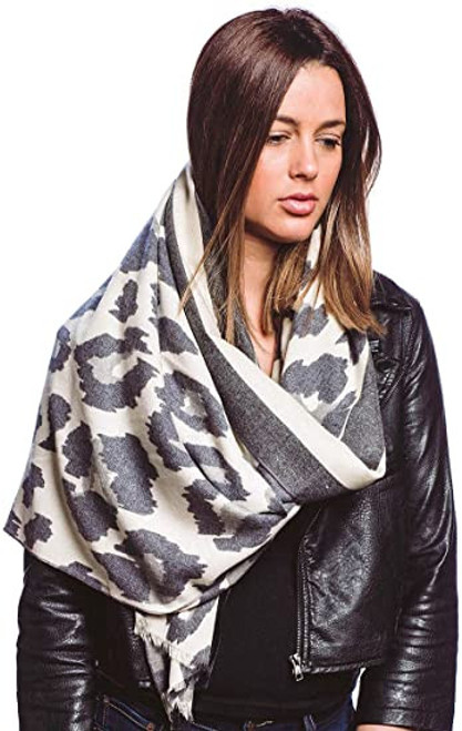 Cashmere & Rayon Wrap Shawl for Women Winter Extra Large (68" X 29") Pashmina Scarf (Black Leopard)