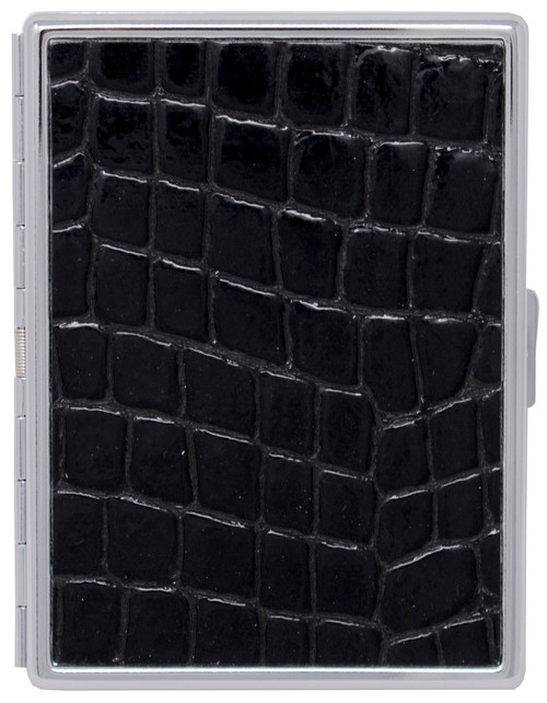 Black Crocodile Print Leather Compact (9 100s) Metallic Cigarette Case & Stash Box