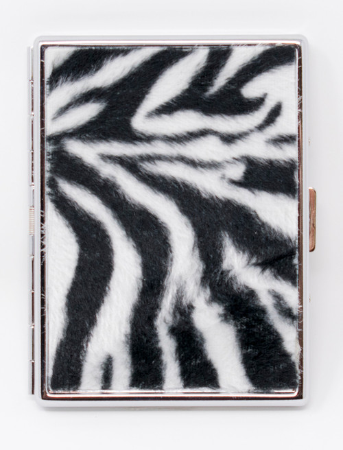 Faux Zebra Print Fur Compact (9 100s) MetalPlated Cigarette Case & Stash Box