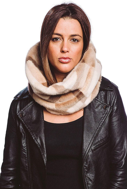 Winter Faux Fur Thick Neck Warmer Circle Loop Scarf Wrap (Plaid Beige)