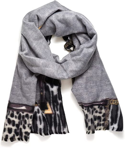 Cashmere & Rayon Wrap Shawl for Women Winter Extra Large (68" X 29") Pashmina Scarf (Gray Leopard With Belt Design)