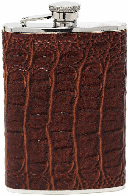 8 oz Brown Crocodile Leather Discrete Pocket Hip Alcohol Liquor Flask - Made from 304 (18/8) Food Grade Stainless Steel