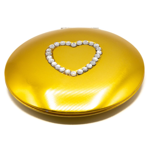 Gold With White Rhinestone Heart Folding Compact Pocket Makeup Mirror Double Sided (5x magnification + 1x magnification)