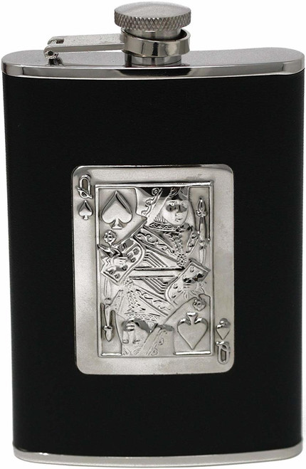 8 oz Discrete Pocket Hip Alcohol Liquor Flask in Leather (Queen of Spades) Made from 304 (18/8) Food Grade Stainless Steel